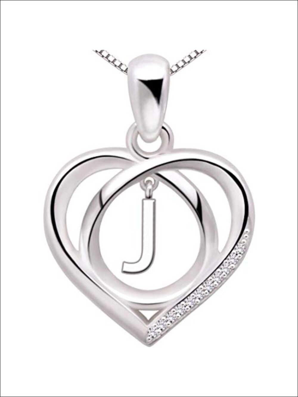 Sterling Silver Initial Letter J Pendant Necklace Cubic Zirconia Heart Charm